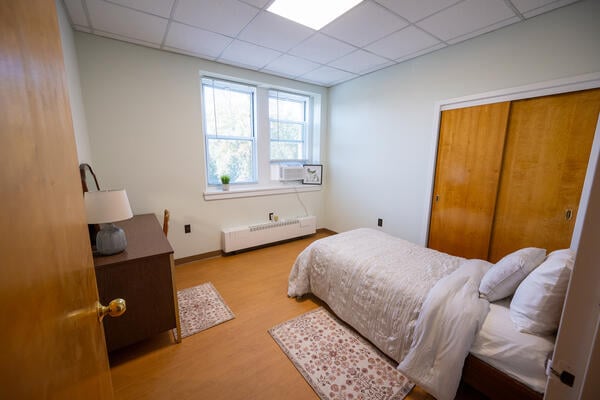 A bedroom at Dax House, an all-women’s residence that provides stable housing and support services for students experiencing housing insecurity.